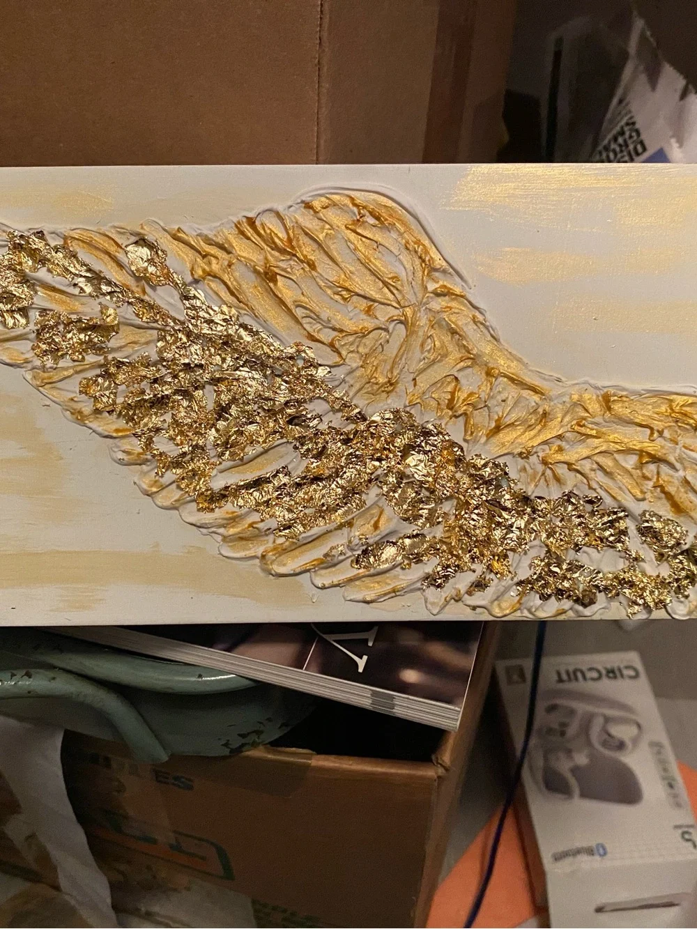 Gold Textured Angel Wing Wall Art - White and Gold Leaf on 12x5 Wood Plank